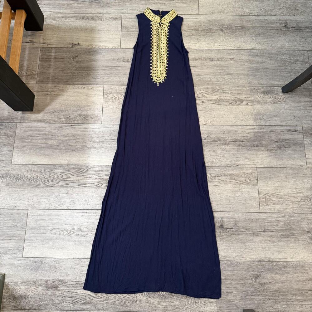 Lilly Pulitzer Dress Womens 0 Navy Gold Jane Embroidered Maxi Preppy Party Beach